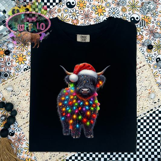 Christmas light highland cow graphic tee